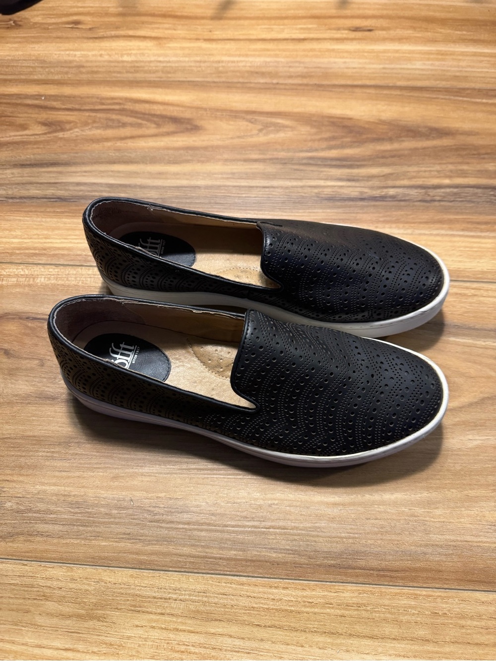 Sofft Black Leather Perforated Slip-On Flats with White Sole